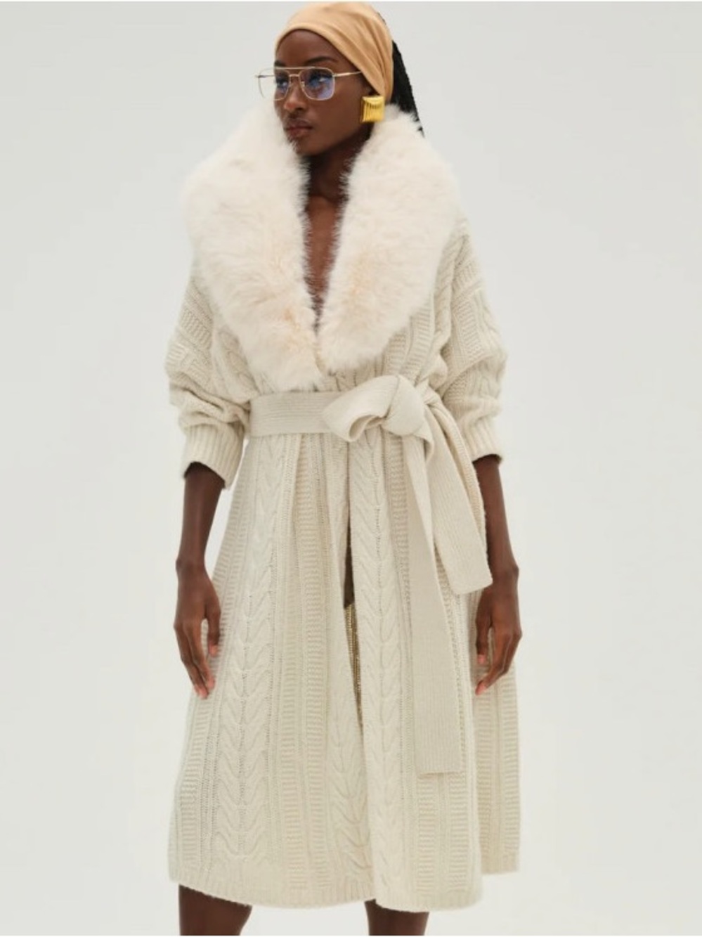 For Love & Lemons Helena Oversized Cream Knit Coat with Faux Fur Neckline